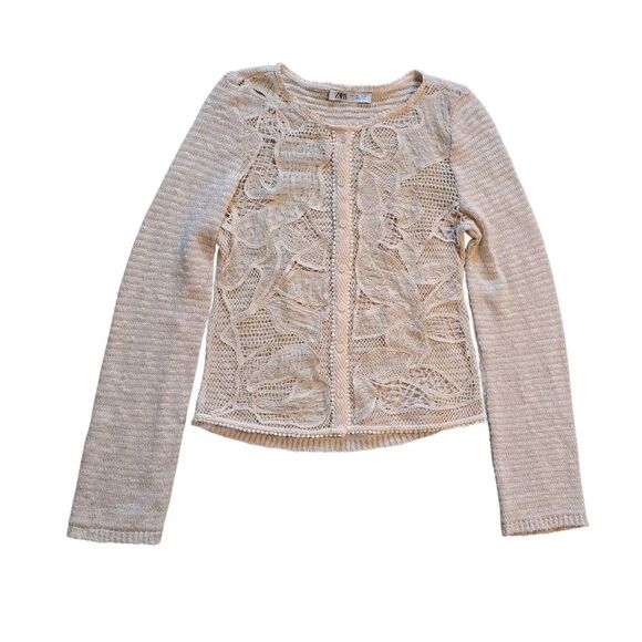 Zara Boho Floral Knit Crochet Coastal Minimalist Cardigan Cream Large - Picture 5 of 15